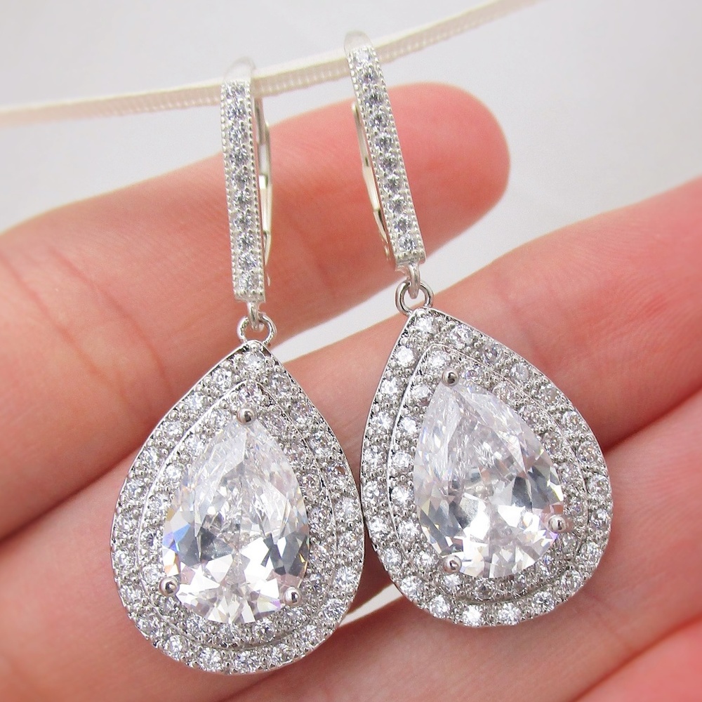 NEW Crystal Teardrop Earrings Sterling Silver